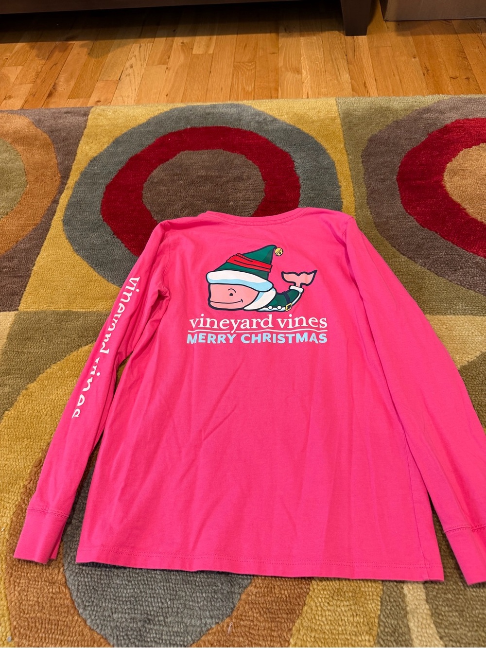 Vineyard Vines Girls Elf Whale Christmas Long Sleeve Pocket Tee Shirt Pink Large
